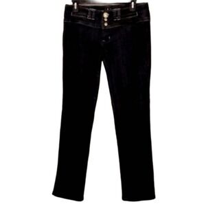 Dark Wash Denim Jeans Embellished Buttons Straight Leg